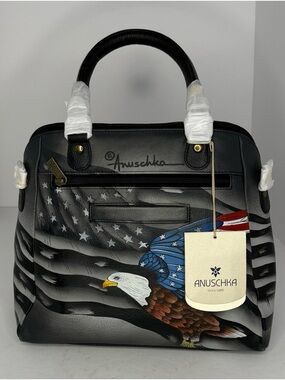 Anuschka Black Hand-Painted Bald Eagle Satchel with Flag Accent